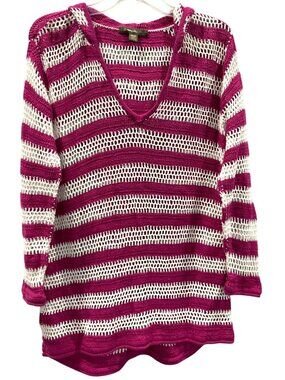 Tommy Bahama Crochet Hoodie size M Swim Cover Up Pink White Striped Open Knit